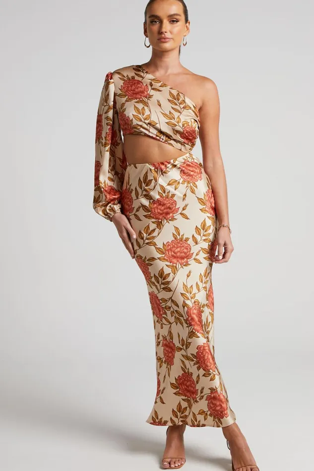 Abagail Midi Dress 8211 One Shoulder Cut Out Dress In Beige Floral Women Showpo Dresses