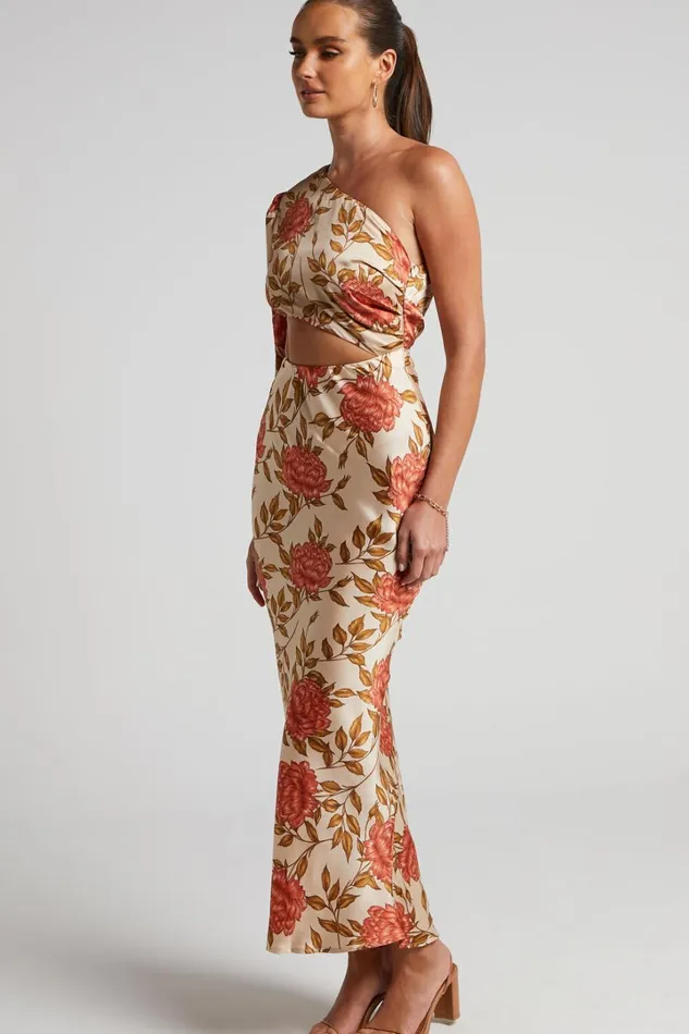 Abagail Midi Dress 8211 One Shoulder Cut Out Dress In Beige Floral Women Showpo Dresses