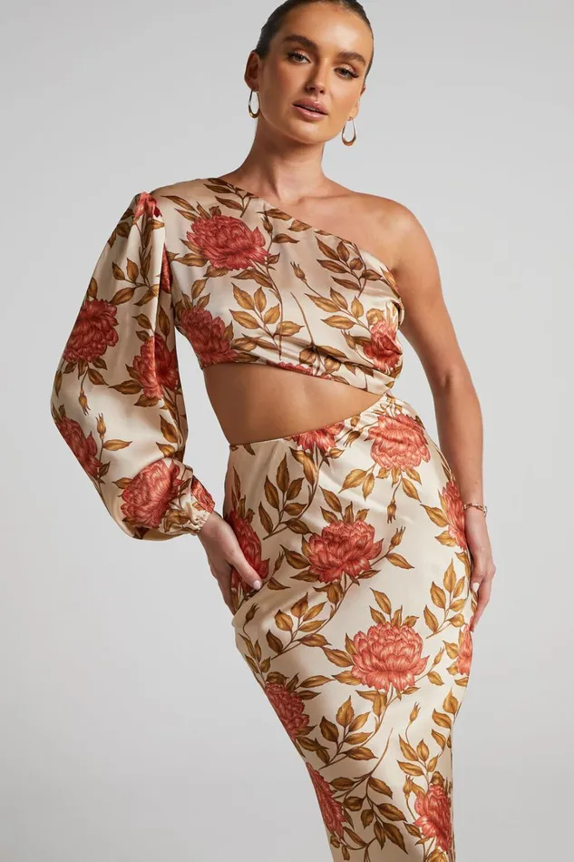 Abagail Midi Dress 8211 One Shoulder Cut Out Dress In Beige Floral Women Showpo Dresses