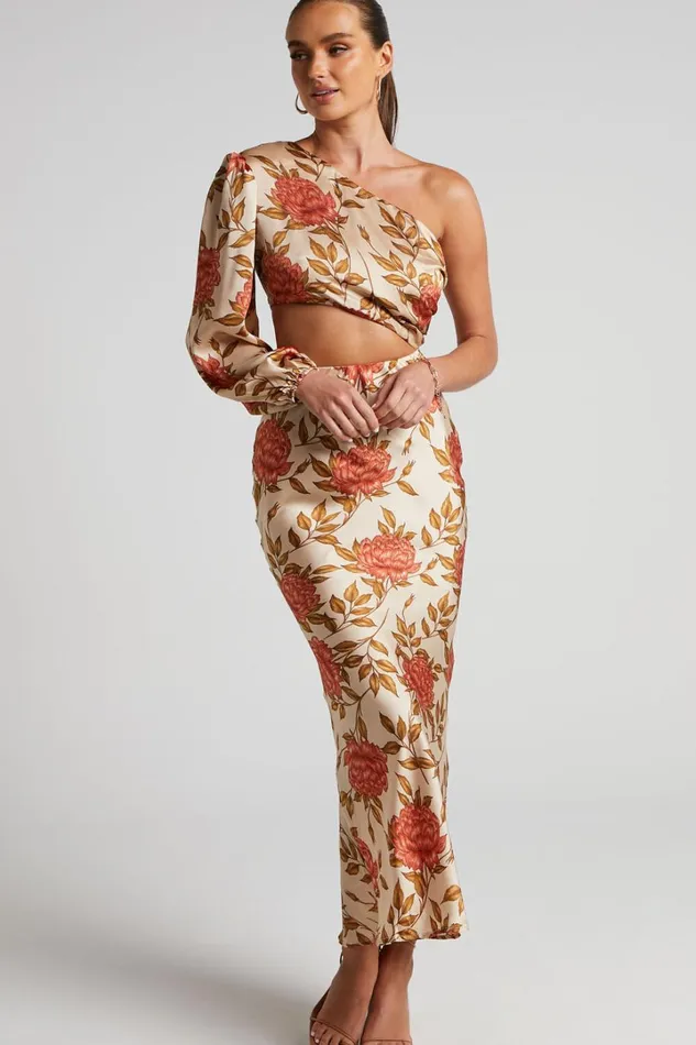 Abagail Midi Dress 8211 One Shoulder Cut Out Dress In Beige Floral Women Showpo Dresses