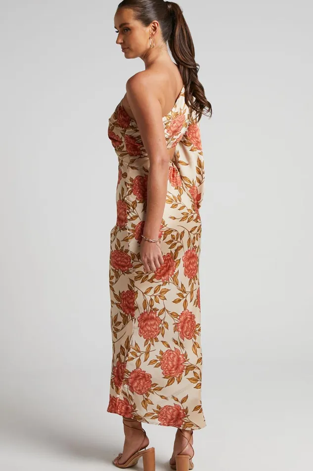 Abagail Midi Dress 8211 One Shoulder Cut Out Dress In Beige Floral Women Showpo Dresses