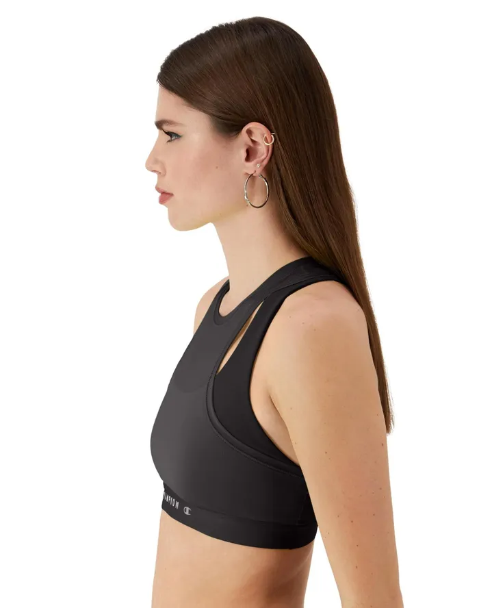 Absolute Mesh 2Fer Sports Bra Classic Script Graphic Black Women Champion Sports Bras and Bralettes