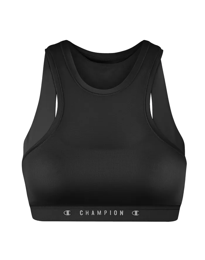 Absolute Mesh 2Fer Sports Bra Classic Script Graphic Black Women Champion Sports Bras and Bralettes