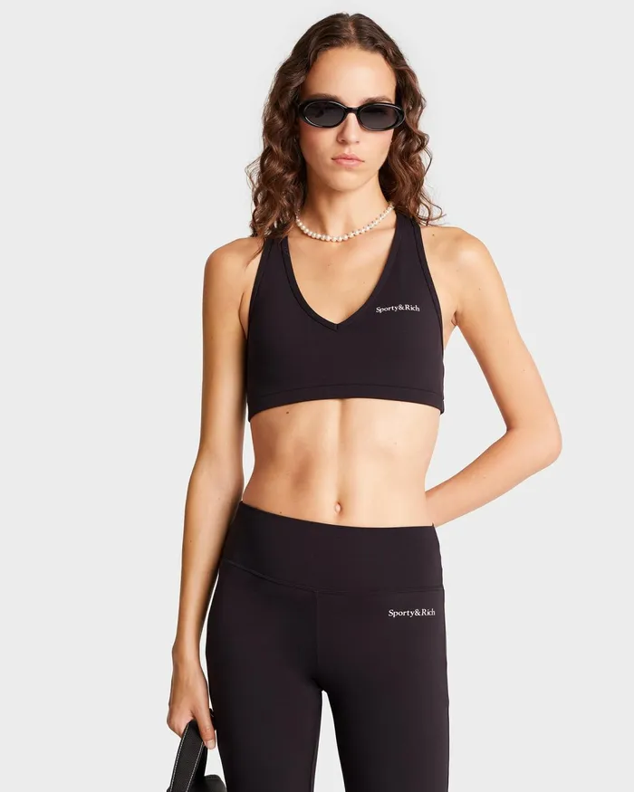 Activewear Women Sporty and Rich Serif Logo V Neck Sports Bra 8211 BlackWhite