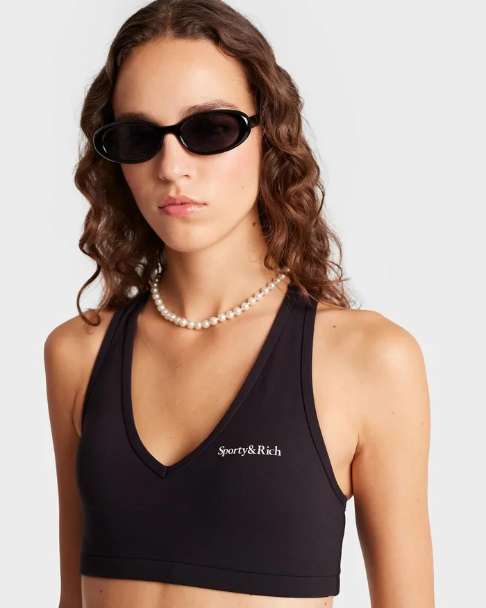 Activewear Women Sporty and Rich Serif Logo V Neck Sports Bra 8211 BlackWhite