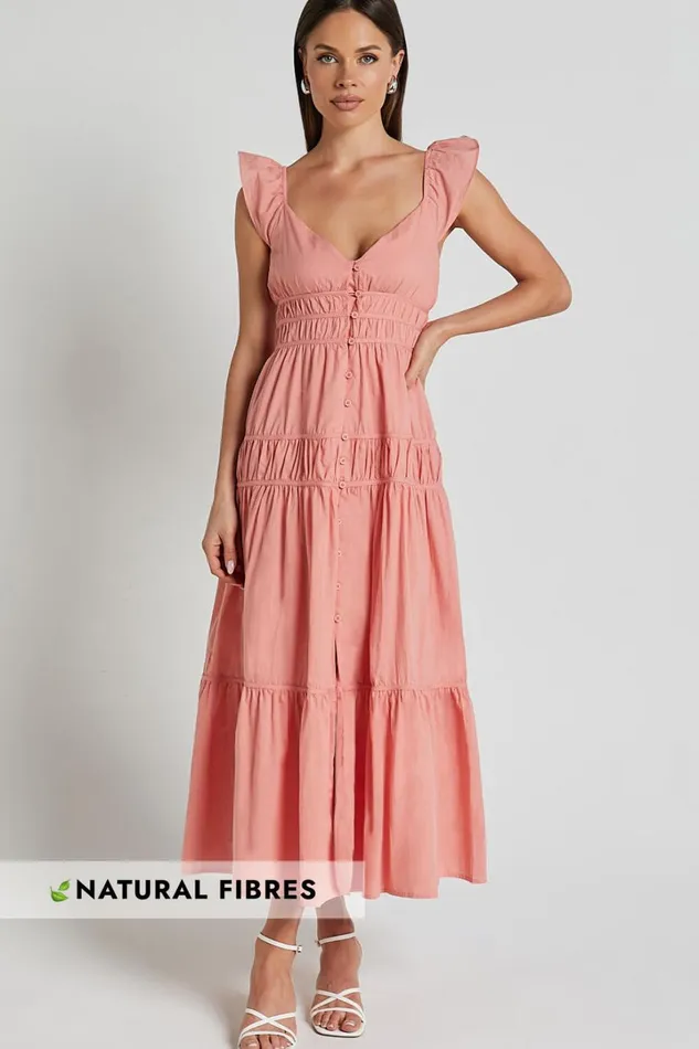 Addi Midi Dress 8211 Button Front Plunge Neck Short Flutter Sleeve Tiered In Peach Fuzz Women Showpo Curve Clothes