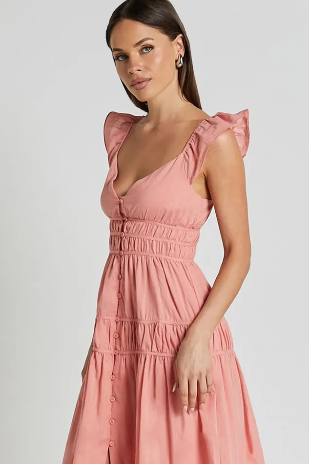 Addi Midi Dress 8211 Button Front Plunge Neck Short Flutter Sleeve Tiered In Peach Fuzz Women Showpo Curve Clothes