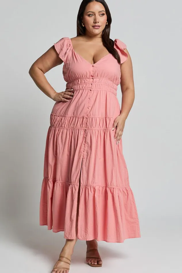 Addi Midi Dress 8211 Button Front Plunge Neck Short Flutter Sleeve Tiered In Peach Fuzz Women Showpo Curve Clothes