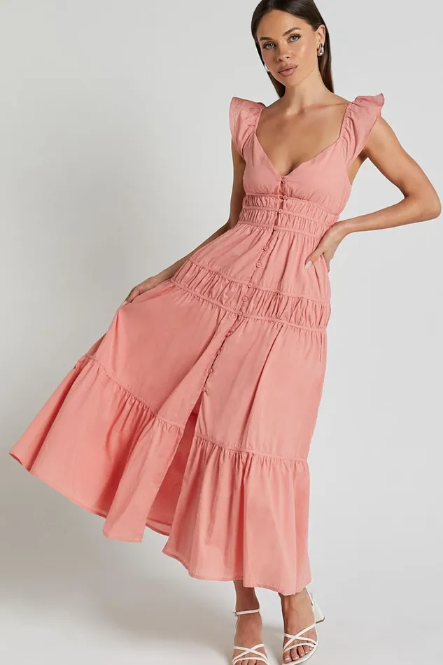 Addi Midi Dress 8211 Button Front Plunge Neck Short Flutter Sleeve Tiered In Peach Fuzz Women Showpo Curve Clothes