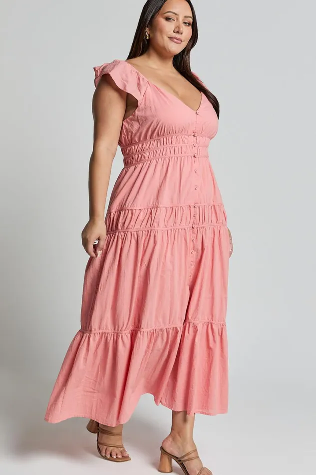 Addi Midi Dress 8211 Button Front Plunge Neck Short Flutter Sleeve Tiered In Peach Fuzz Women Showpo Curve Clothes