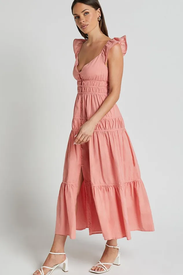 Addi Midi Dress 8211 Button Front Plunge Neck Short Flutter Sleeve Tiered In Peach Fuzz Women Showpo Curve Clothes