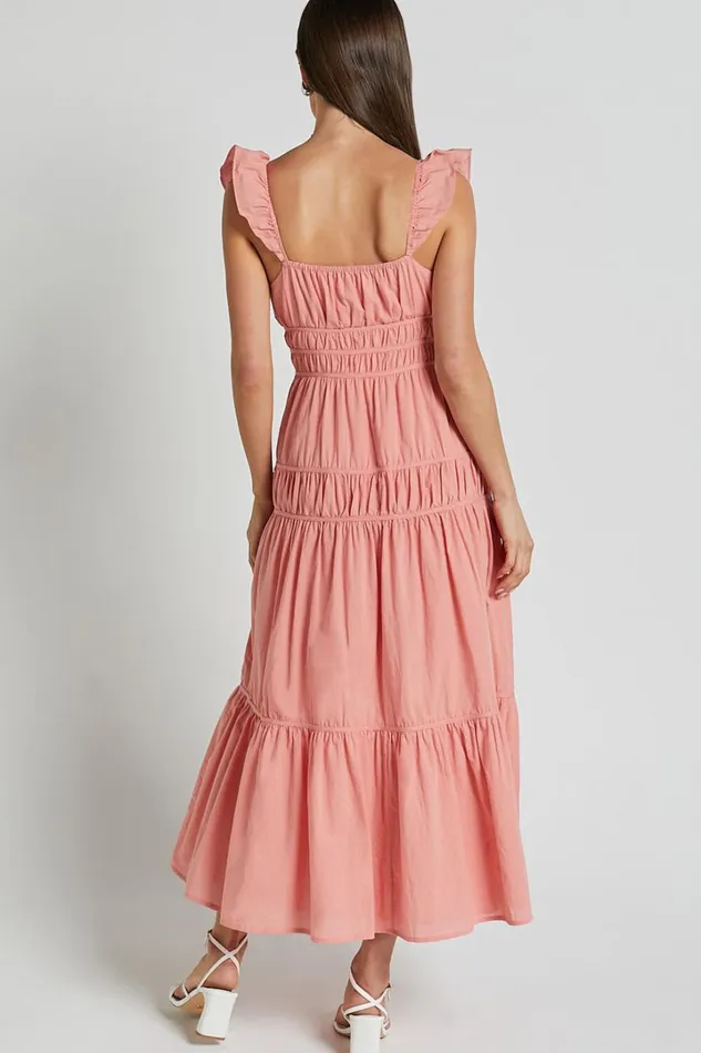 Addi Midi Dress 8211 Button Front Plunge Neck Short Flutter Sleeve Tiered In Peach Fuzz Women Showpo Curve Clothes