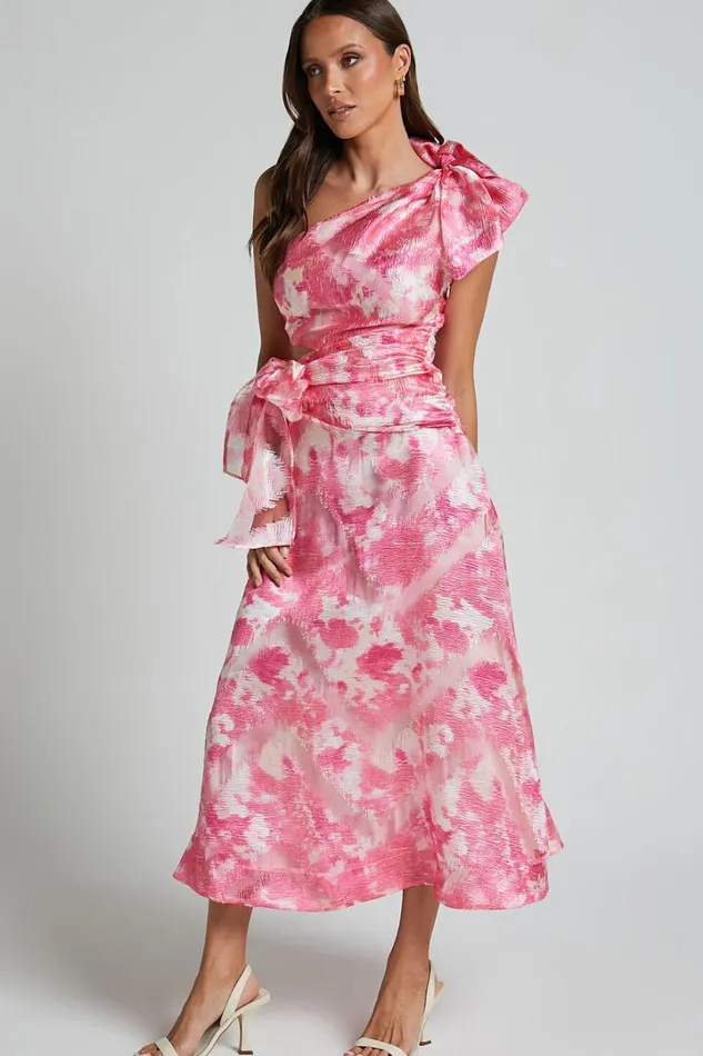Adelia Midi Dress 8211 One Shoulder Tie Side Cut Out Ribbon Detail Dress In Print Women Showpo Dresses