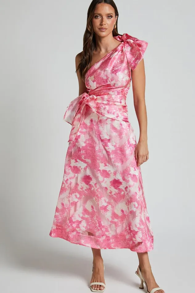 Adelia Midi Dress 8211 One Shoulder Tie Side Cut Out Ribbon Detail Dress In Print Women Showpo Dresses