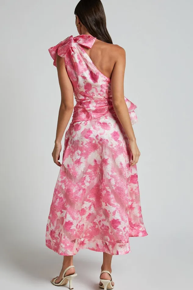 Adelia Midi Dress 8211 One Shoulder Tie Side Cut Out Ribbon Detail Dress In Print Women Showpo Dresses