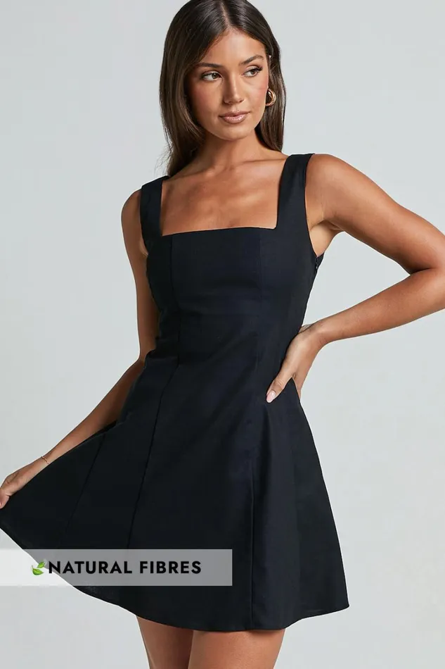 Adiana Mini Dress 8211 Linen Look Square Neck Shirred Back A Line Dress In Black Women Showpo Conscious