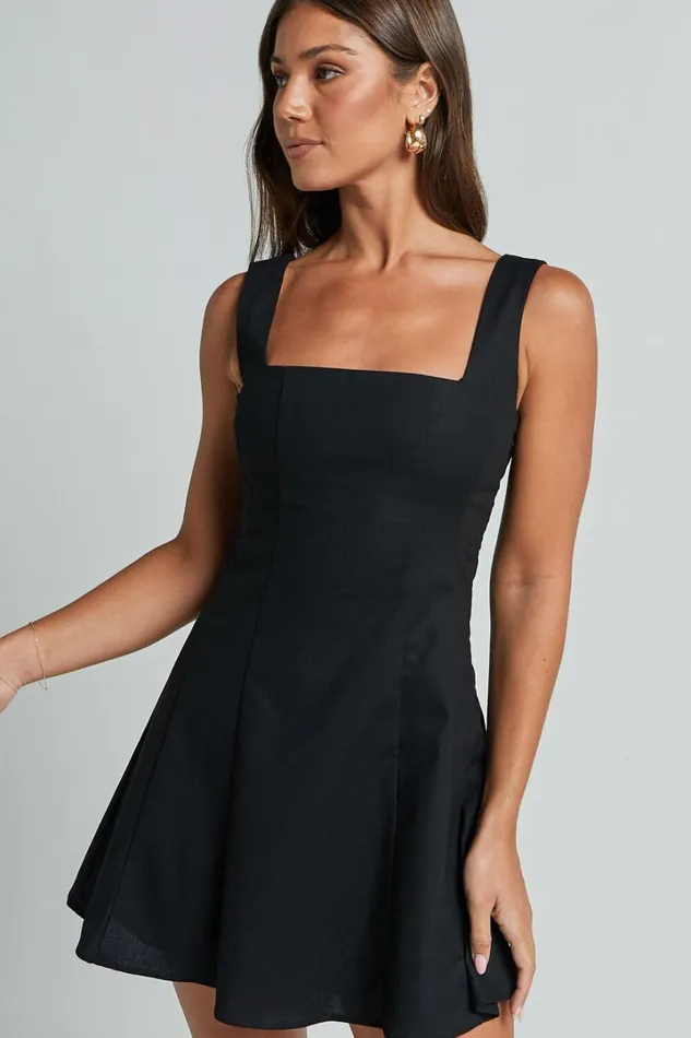 Adiana Mini Dress 8211 Linen Look Square Neck Shirred Back A Line Dress In Black Women Showpo Conscious