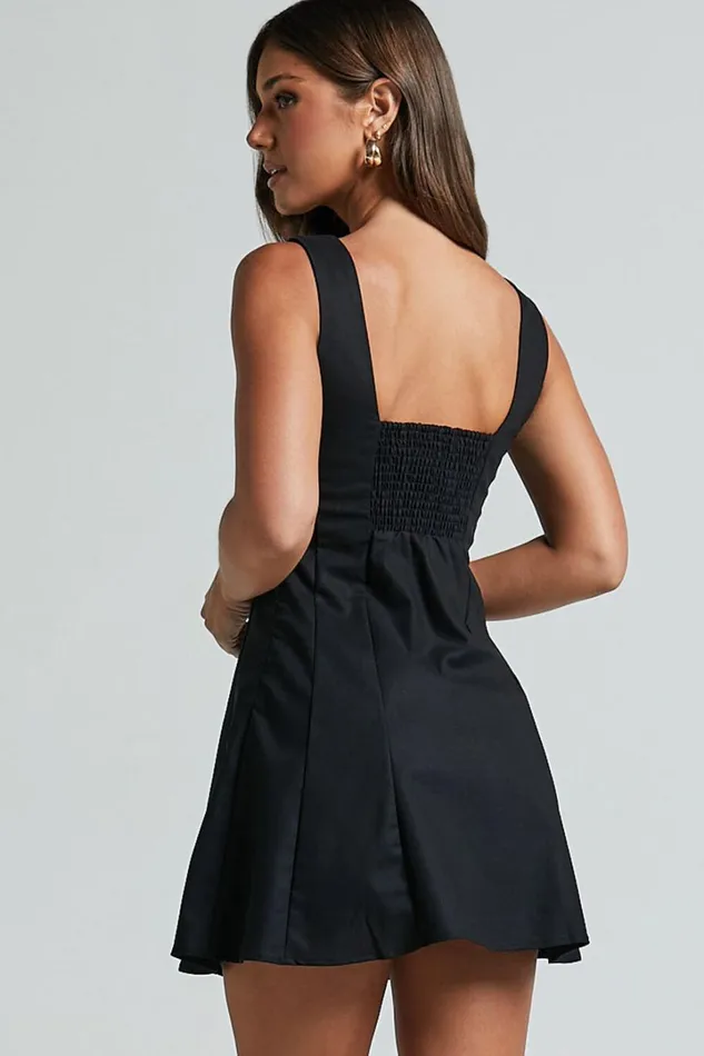 Adiana Mini Dress 8211 Linen Look Square Neck Shirred Back A Line Dress In Black Women Showpo Conscious