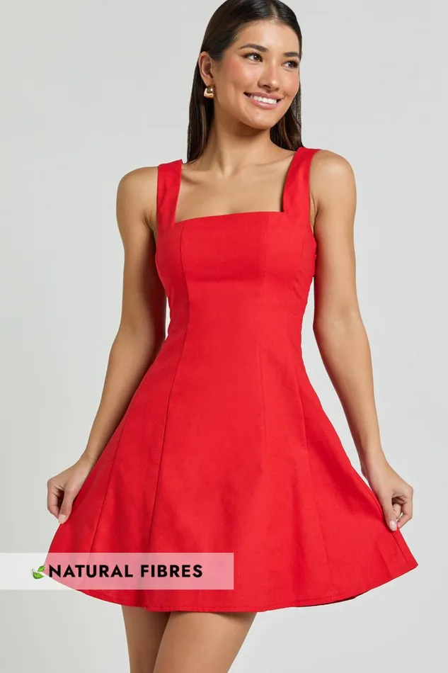 Adiana Mini Dress 8211 Linen Look Square Neck Shirred Back A Line Dress In Red Women Showpo Conscious