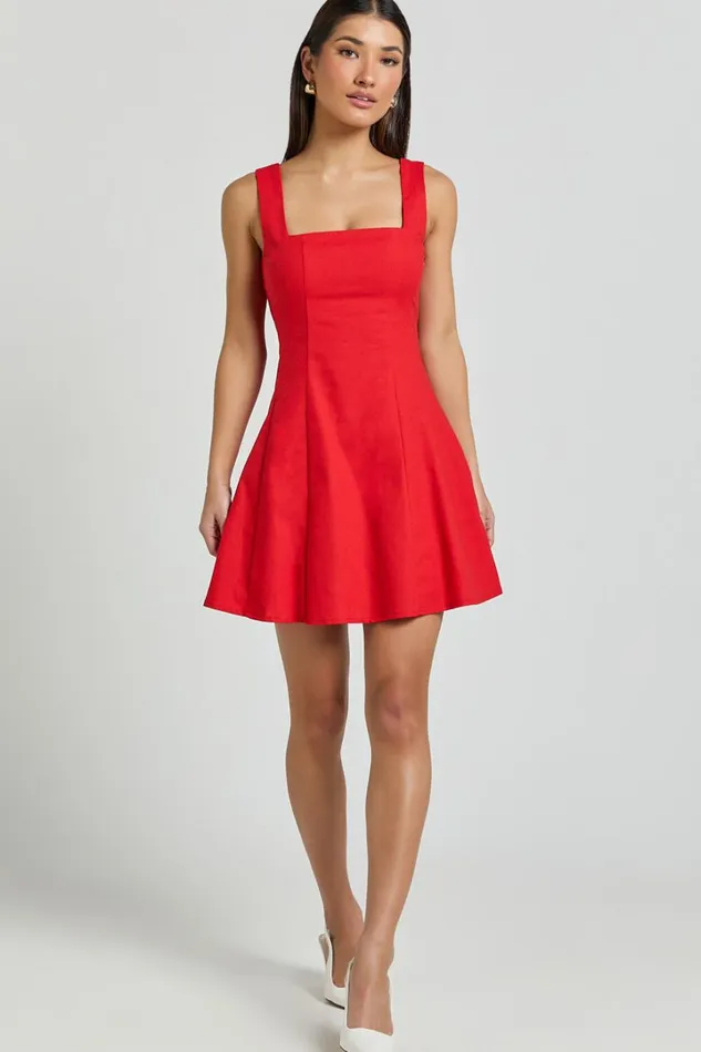 Adiana Mini Dress 8211 Linen Look Square Neck Shirred Back A Line Dress In Red Women Showpo Conscious