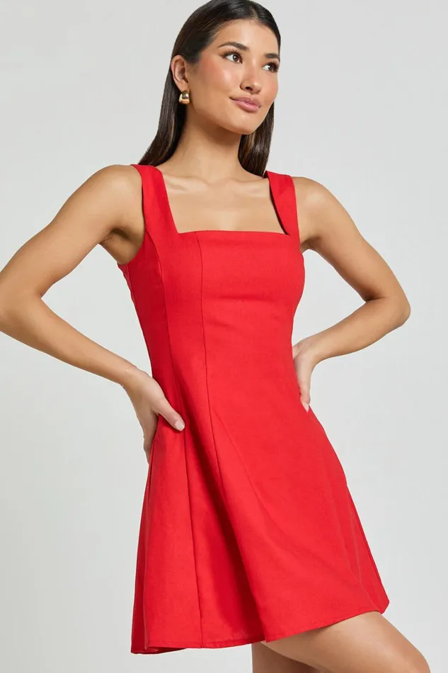 Adiana Mini Dress 8211 Linen Look Square Neck Shirred Back A Line Dress In Red Women Showpo Conscious