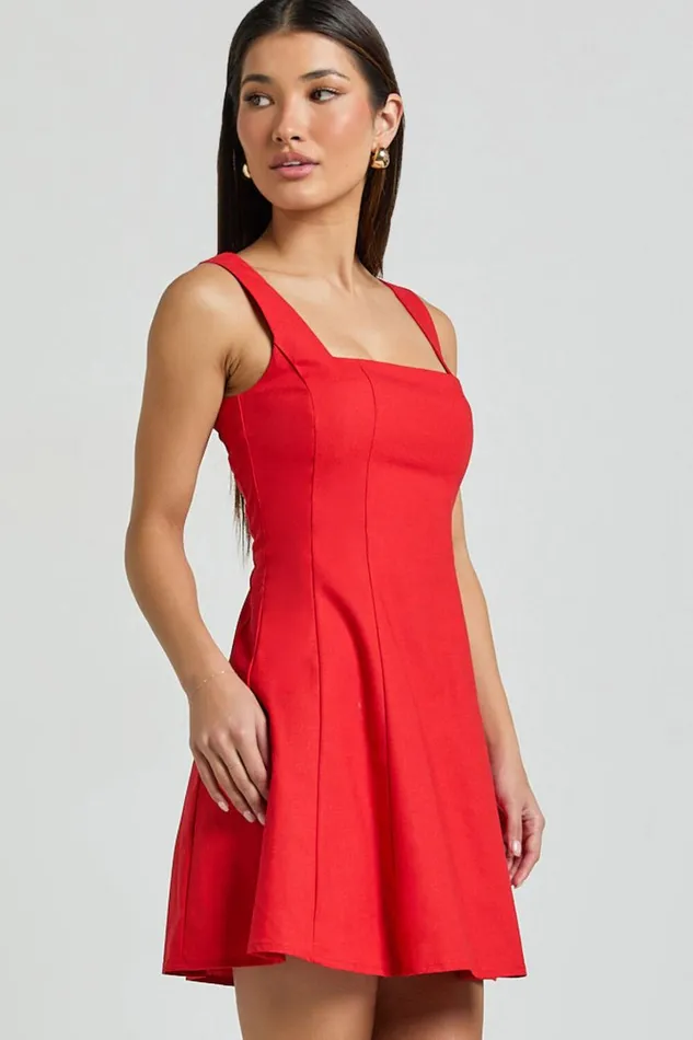 Adiana Mini Dress 8211 Linen Look Square Neck Shirred Back A Line Dress In Red Women Showpo Conscious