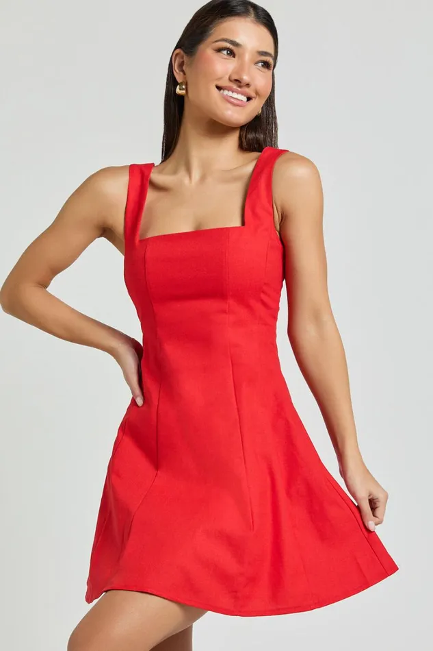 Adiana Mini Dress 8211 Linen Look Square Neck Shirred Back A Line Dress In Red Women Showpo Conscious