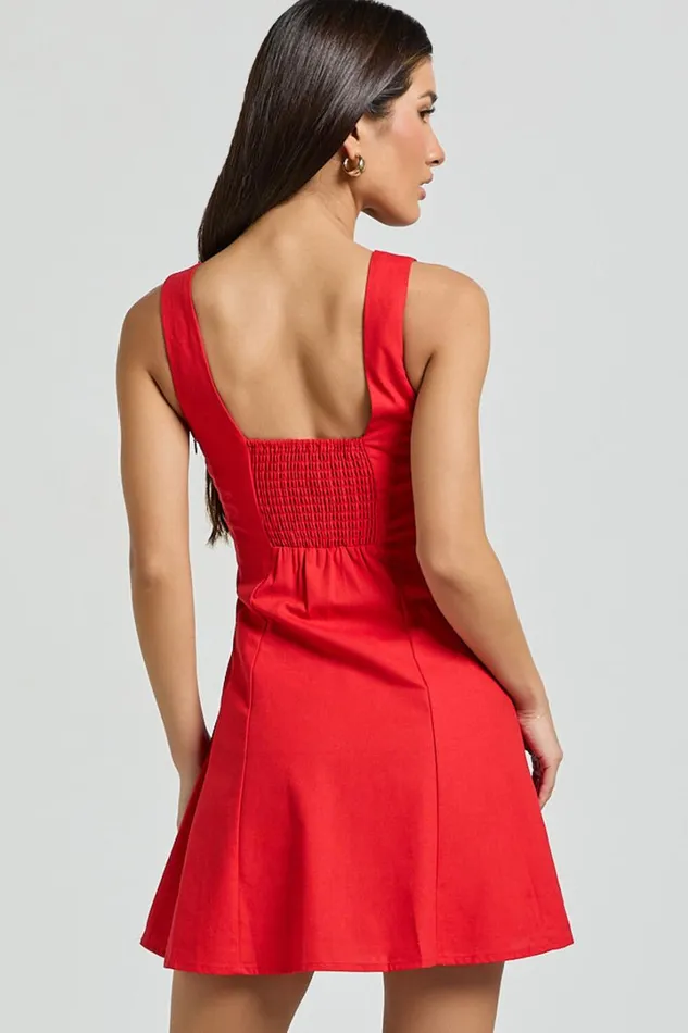 Adiana Mini Dress 8211 Linen Look Square Neck Shirred Back A Line Dress In Red Women Showpo Conscious