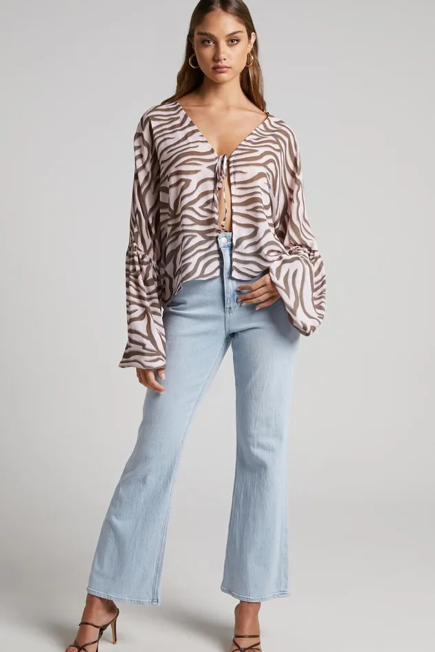 Aegir Blouse 8211 Tie Front Drop Sleeve Blouse In Wild Zebra Women Showpo Tops