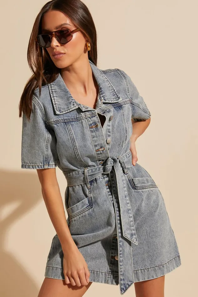 Aelicia Mini Dress 8211 Button Through Denim Dress In Mid Blue Wash Women Showpo Curve Clothes