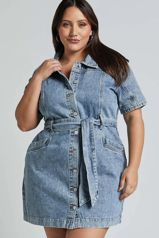 Aelicia Mini Dress 8211 Button Through Denim Dress In Mid Blue Wash Women Showpo Curve Clothes