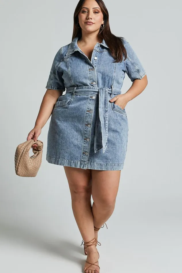 Aelicia Mini Dress 8211 Button Through Denim Dress In Mid Blue Wash Women Showpo Curve Clothes