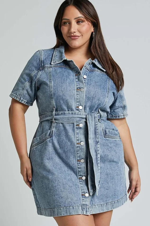 Aelicia Mini Dress 8211 Button Through Denim Dress In Mid Blue Wash Women Showpo Curve Clothes
