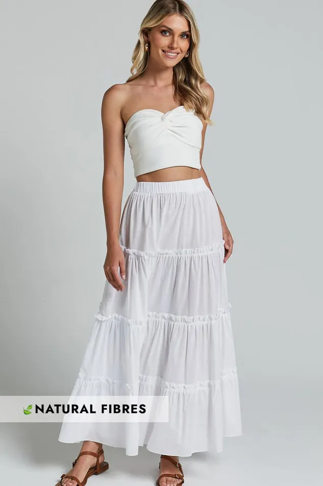 Aeonium Maxi Skirt 8211 Cotton Elasticated Waist Tiered Skirt In Off White Women Showpo Conscious