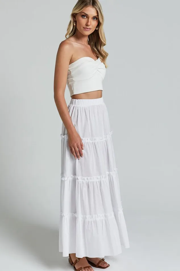 Aeonium Maxi Skirt 8211 Cotton Elasticated Waist Tiered Skirt In Off White Women Showpo Conscious