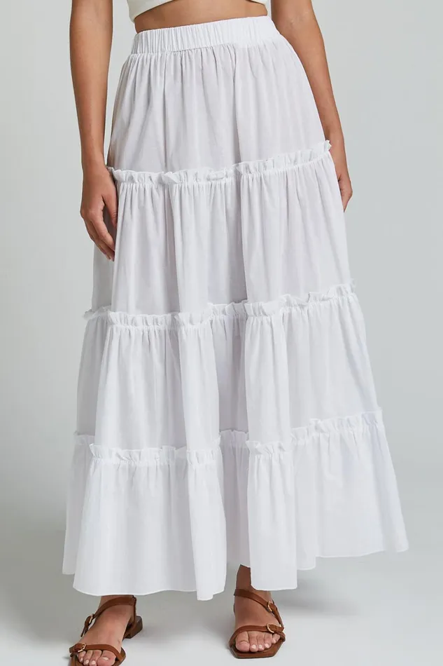 Aeonium Maxi Skirt 8211 Cotton Elasticated Waist Tiered Skirt In Off White Women Showpo Conscious
