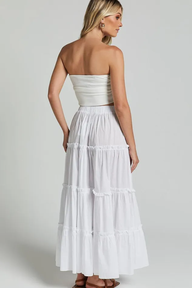 Aeonium Maxi Skirt 8211 Cotton Elasticated Waist Tiered Skirt In Off White Women Showpo Conscious