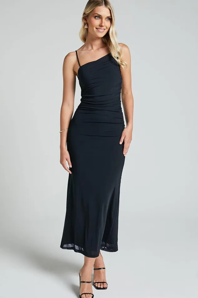 Aimee Midi Dress 8211 Mesh One Shoulder Ruched Dress In Black Women Showpo Dresses