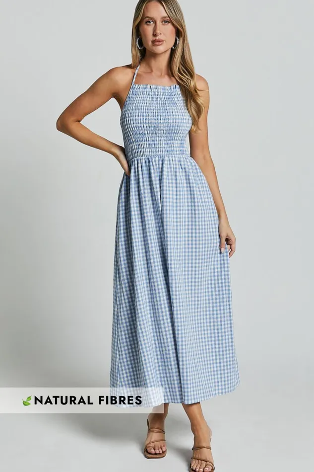 Aimie Midi Dress 8211 Strappy Halter Neck Shirred Top In Blue Gingham Check Women Showpo Conscious