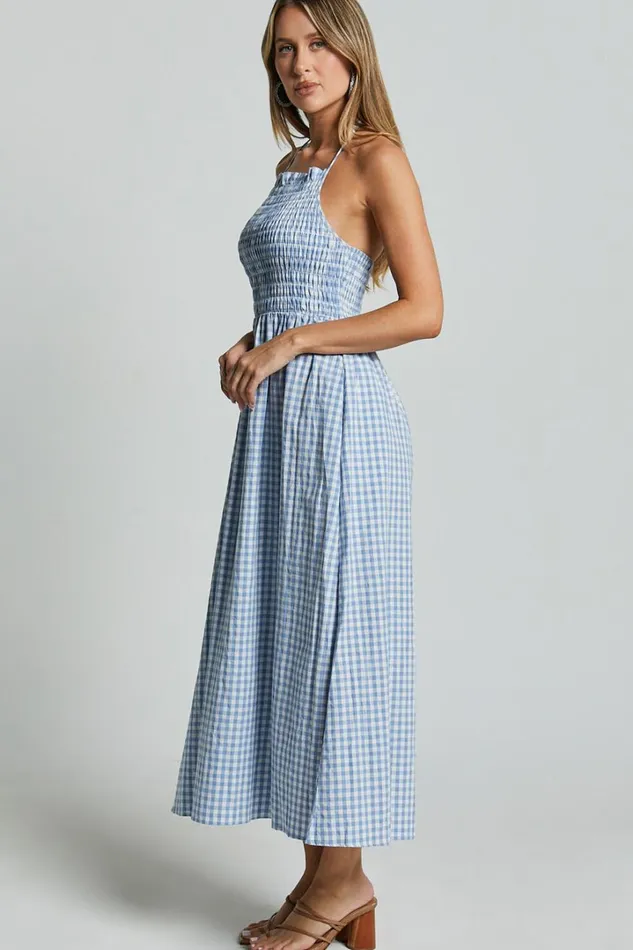 Aimie Midi Dress 8211 Strappy Halter Neck Shirred Top In Blue Gingham Check Women Showpo Conscious