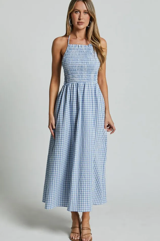 Aimie Midi Dress 8211 Strappy Halter Neck Shirred Top In Blue Gingham Check Women Showpo Conscious