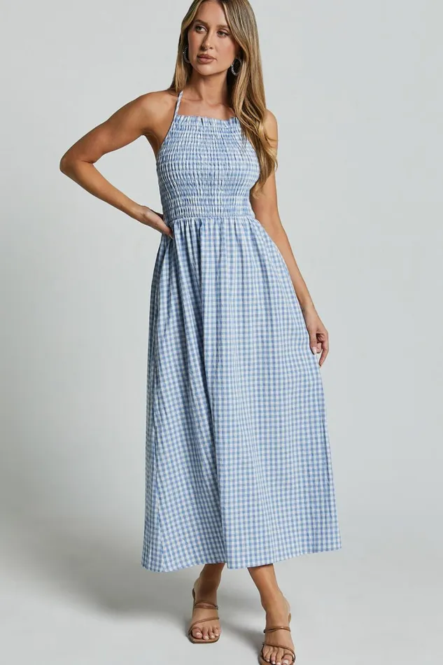 Aimie Midi Dress 8211 Strappy Halter Neck Shirred Top In Blue Gingham Check Women Showpo Conscious