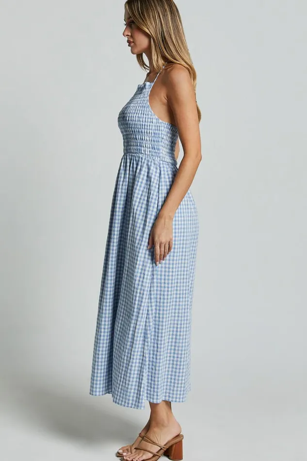 Aimie Midi Dress 8211 Strappy Halter Neck Shirred Top In Blue Gingham Check Women Showpo Conscious