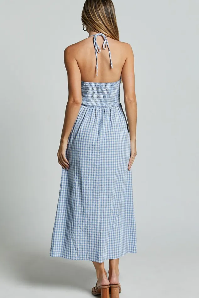 Aimie Midi Dress 8211 Strappy Halter Neck Shirred Top In Blue Gingham Check Women Showpo Conscious