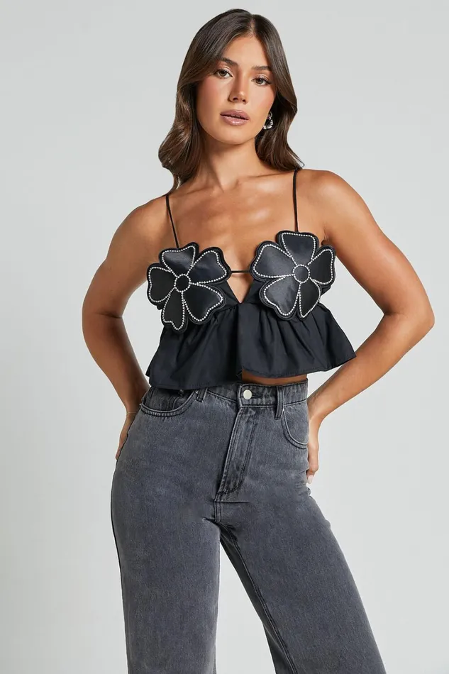 Alberta Top 8211 Rhinestone Flower Detail Babydoll Crop In Black Women Showpo Tops