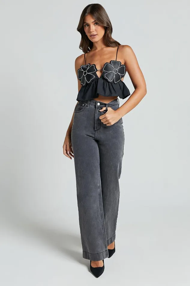Alberta Top 8211 Rhinestone Flower Detail Babydoll Crop In Black Women Showpo Tops