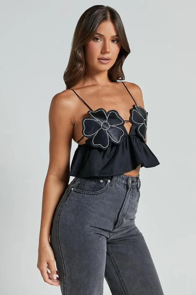 Alberta Top 8211 Rhinestone Flower Detail Babydoll Crop In Black Women Showpo Tops