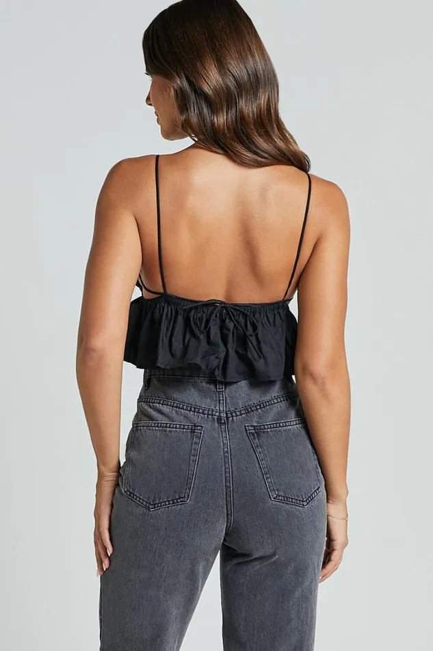 Alberta Top 8211 Rhinestone Flower Detail Babydoll Crop In Black Women Showpo Tops