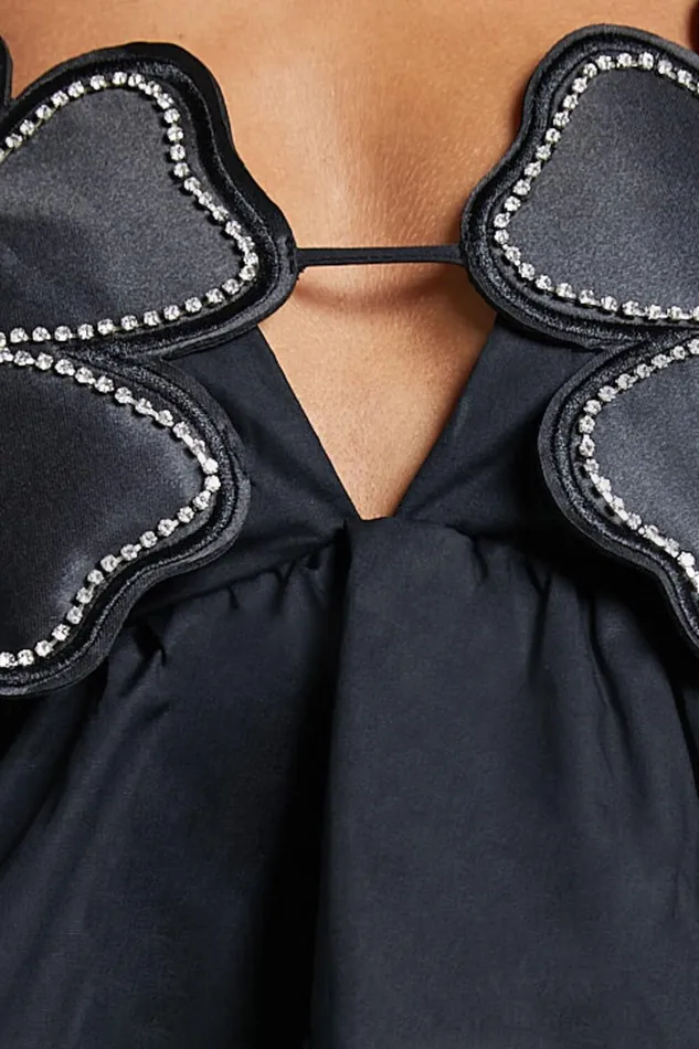 Alberta Top 8211 Rhinestone Flower Detail Babydoll Crop In Black Women Showpo Tops