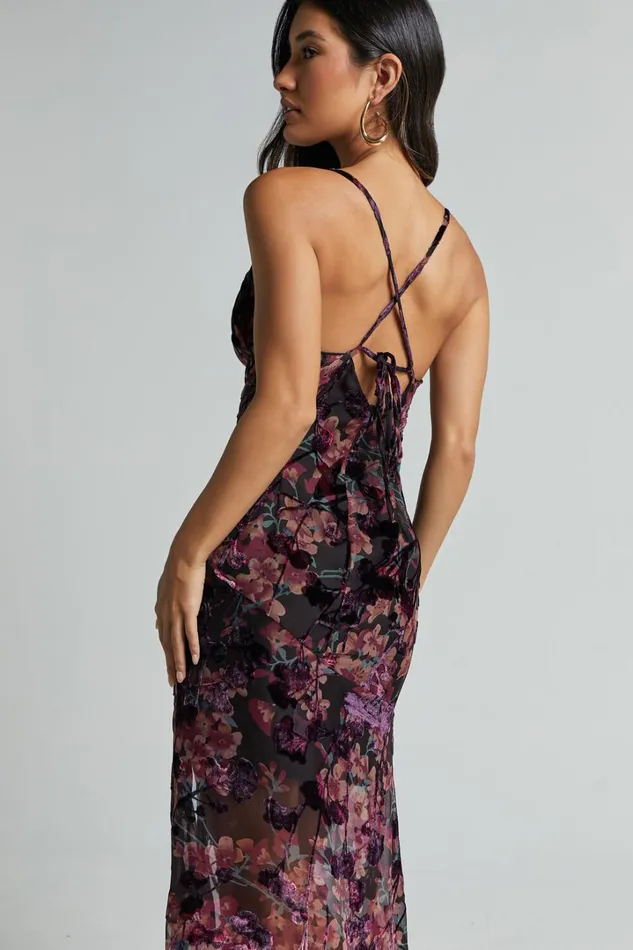 Aletta Maxi Dress 8211 Cowl Cross Back Dress In Aletta Burn Out Floral Women Showpo Curve Clothes